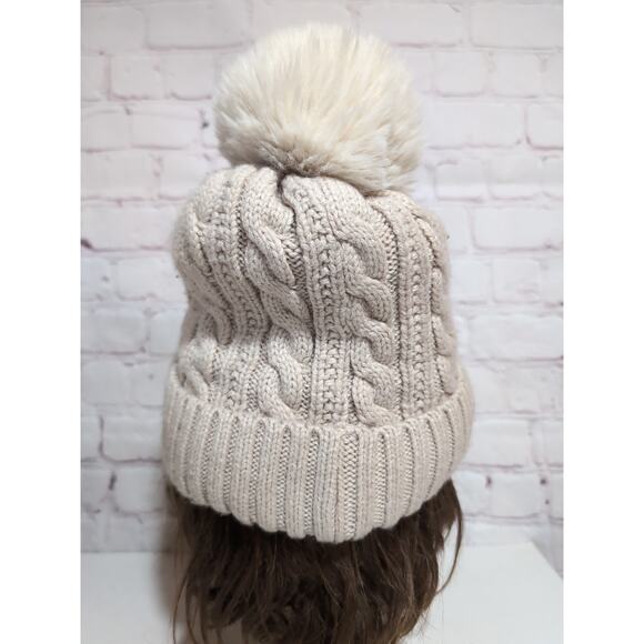 UGG Fleece Lined Cream Tan Winter Cable Knit PomPom Beanie Hat - Picture 4 of 6